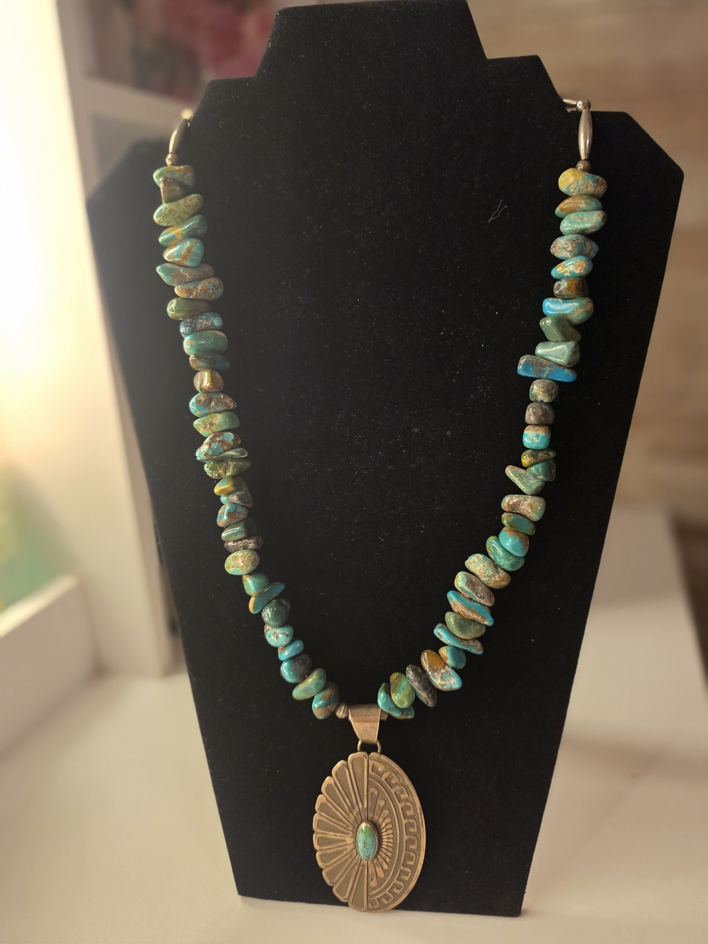 Turquoise Chip Pendant Necklace with Sterling Silver Accent